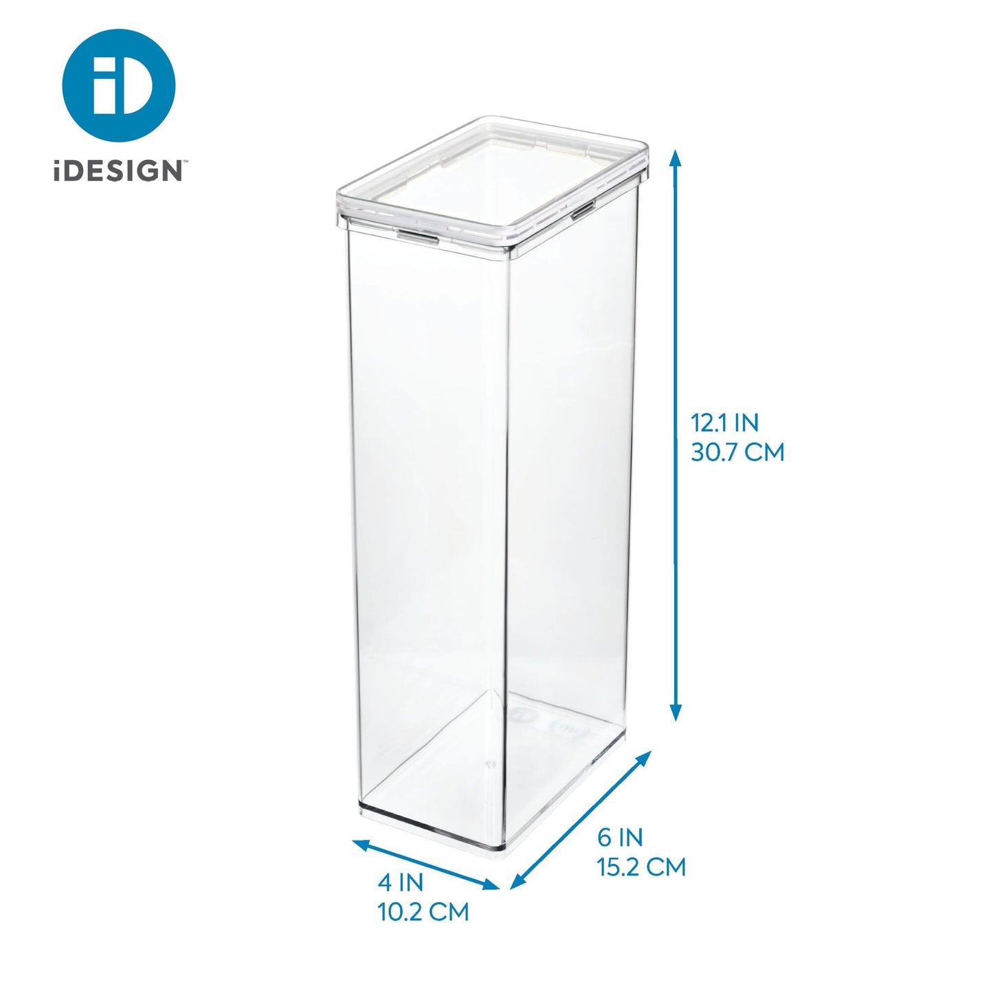 Clear plastic container with dimensions labeled, featuring the iDesign logo.