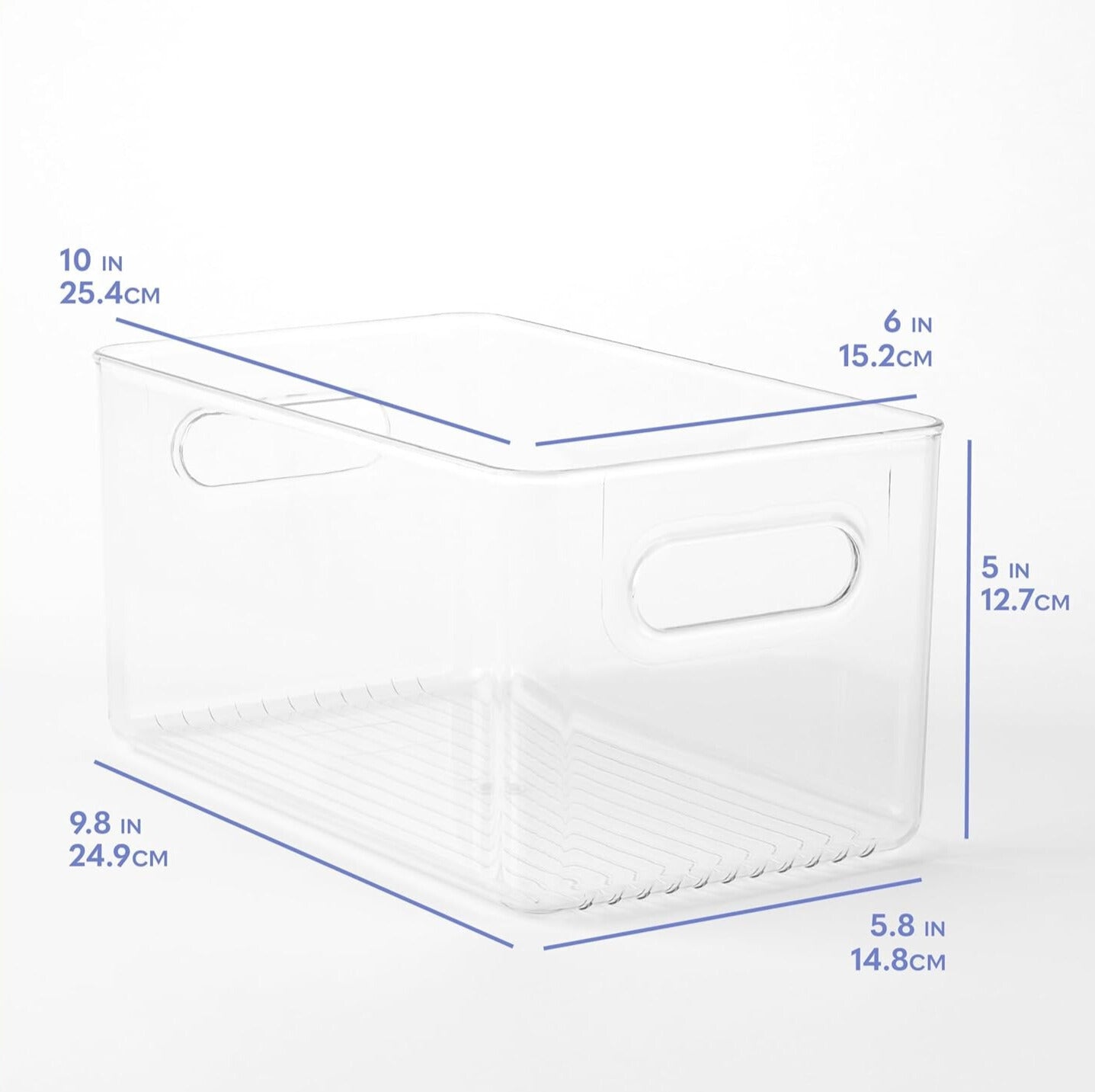 White storage bin with dimensions labeled on a white background