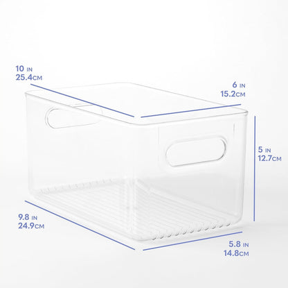 White storage bin with dimensions labeled on a white background