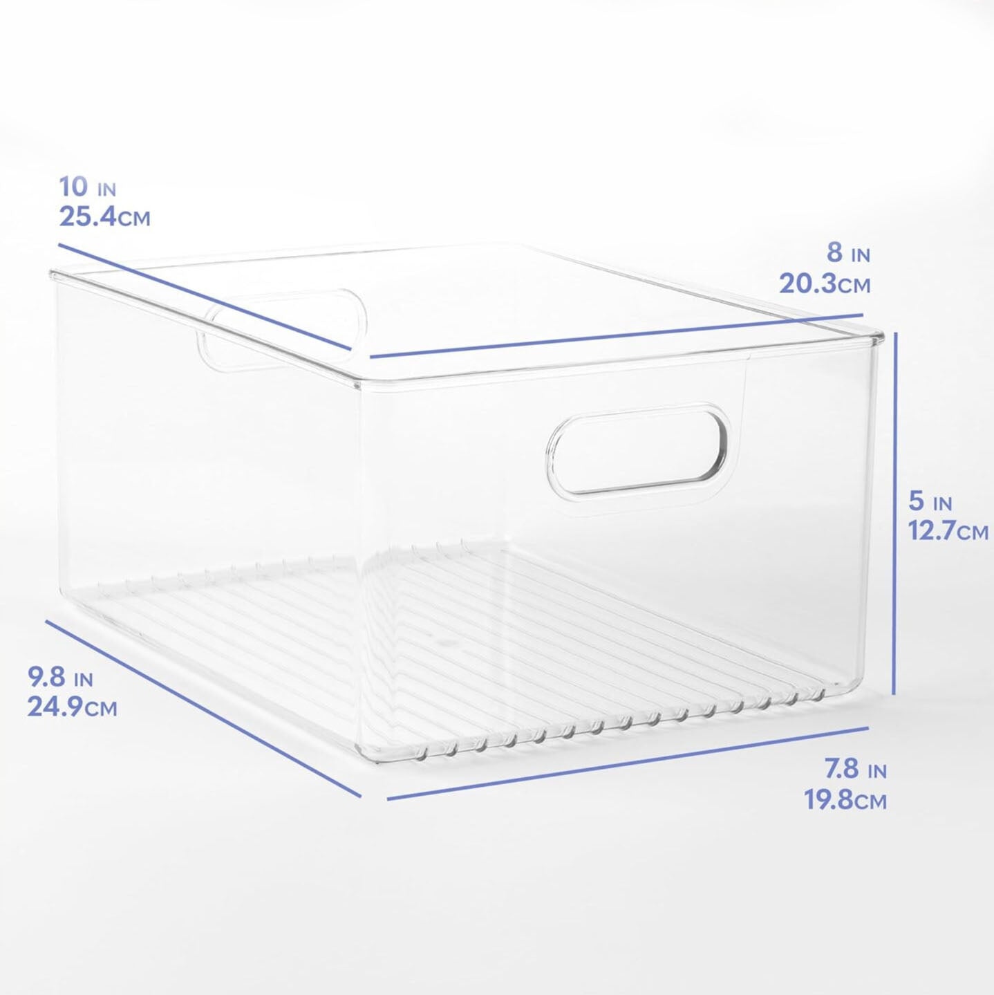 Clear storage box with dimensions labeled on a white background