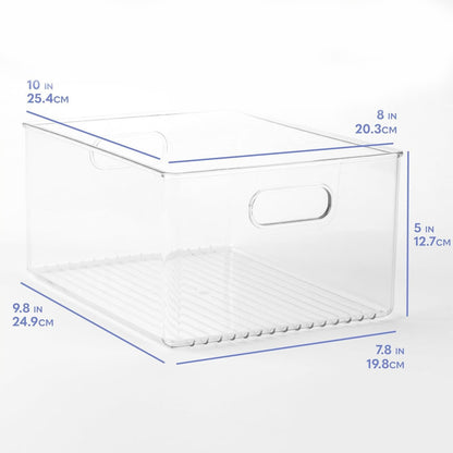 Clear storage box with dimensions labeled on a white background