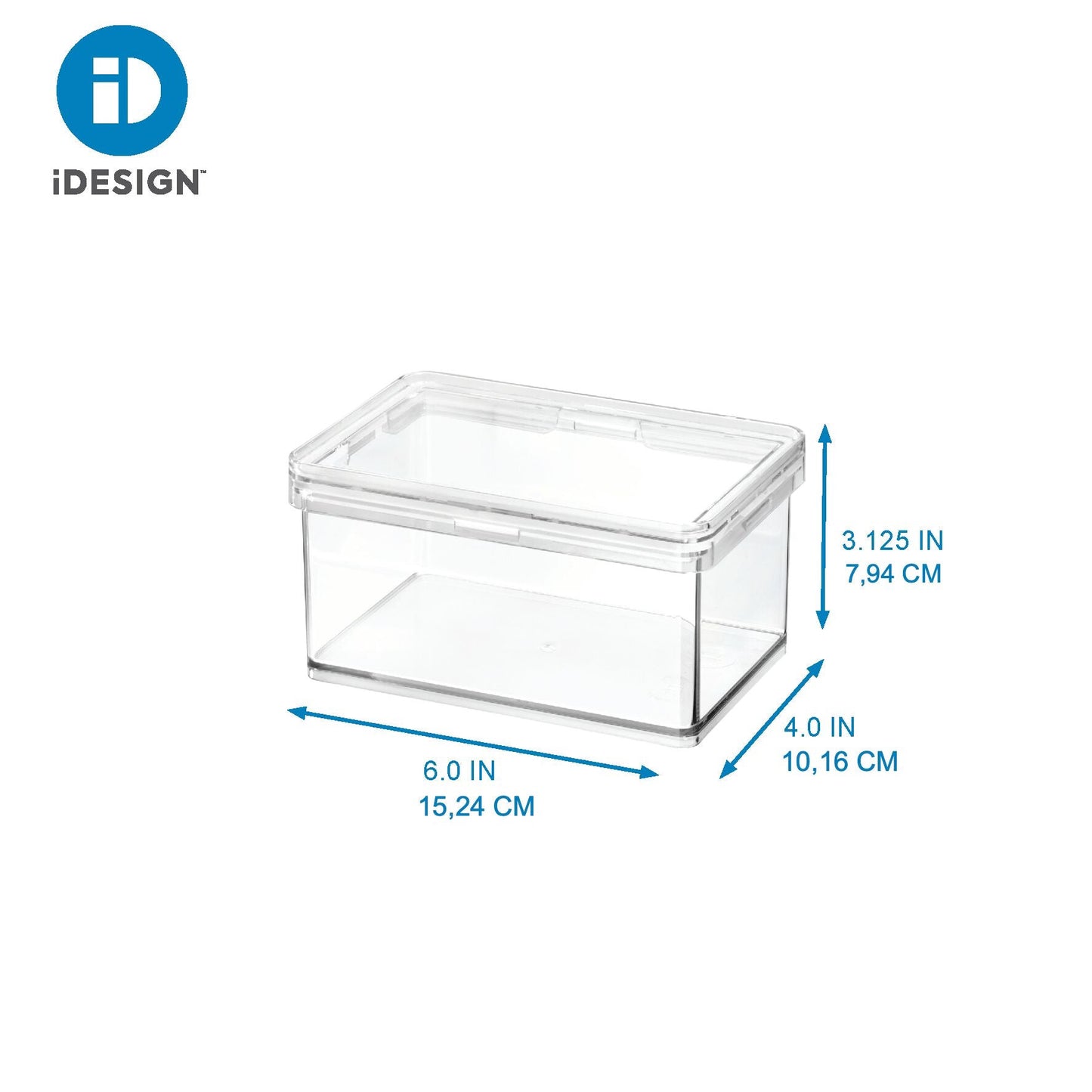 Clear storage box with dimensions labeled, featuring the iDesign logo.