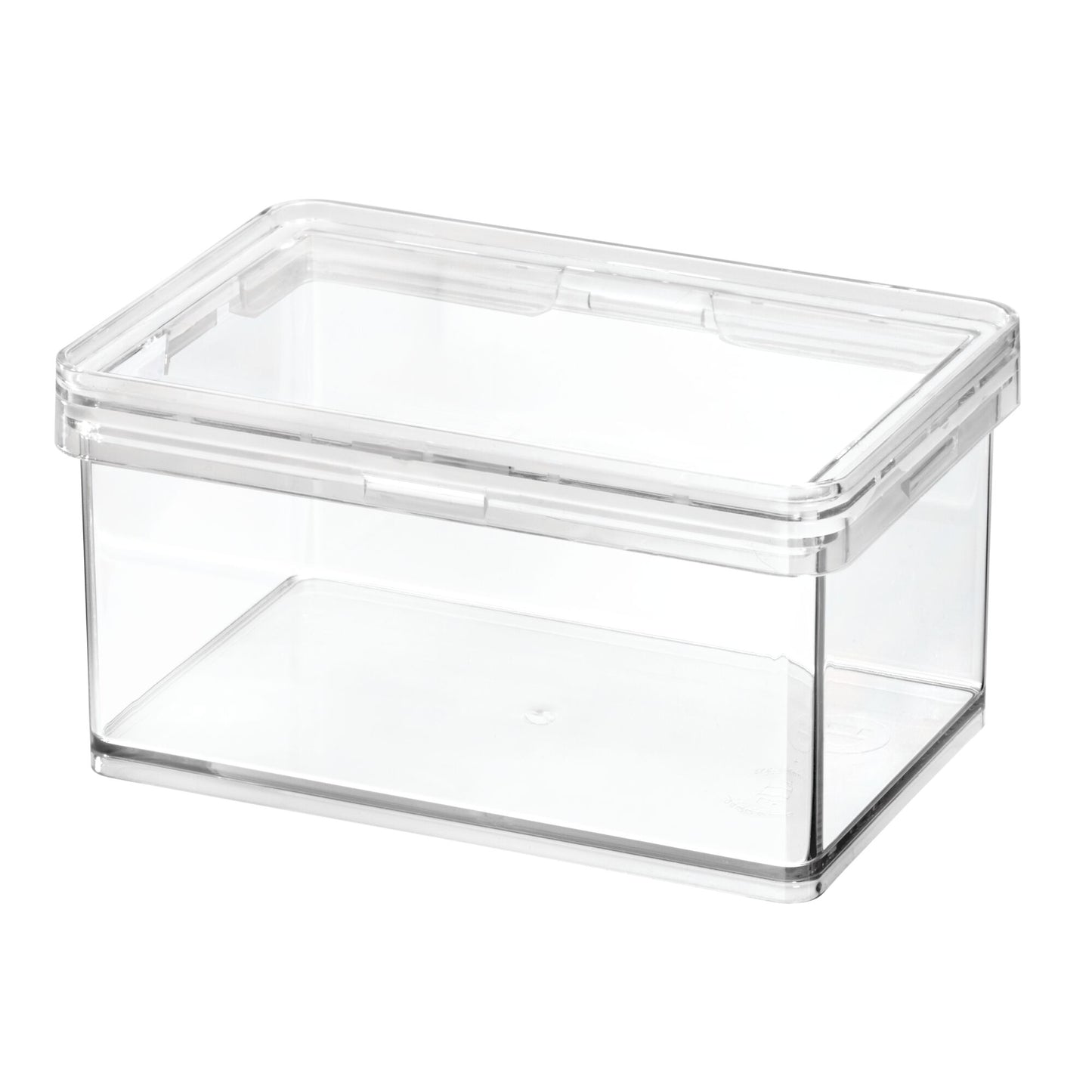 Clear plastic storage box with a lid on a white background