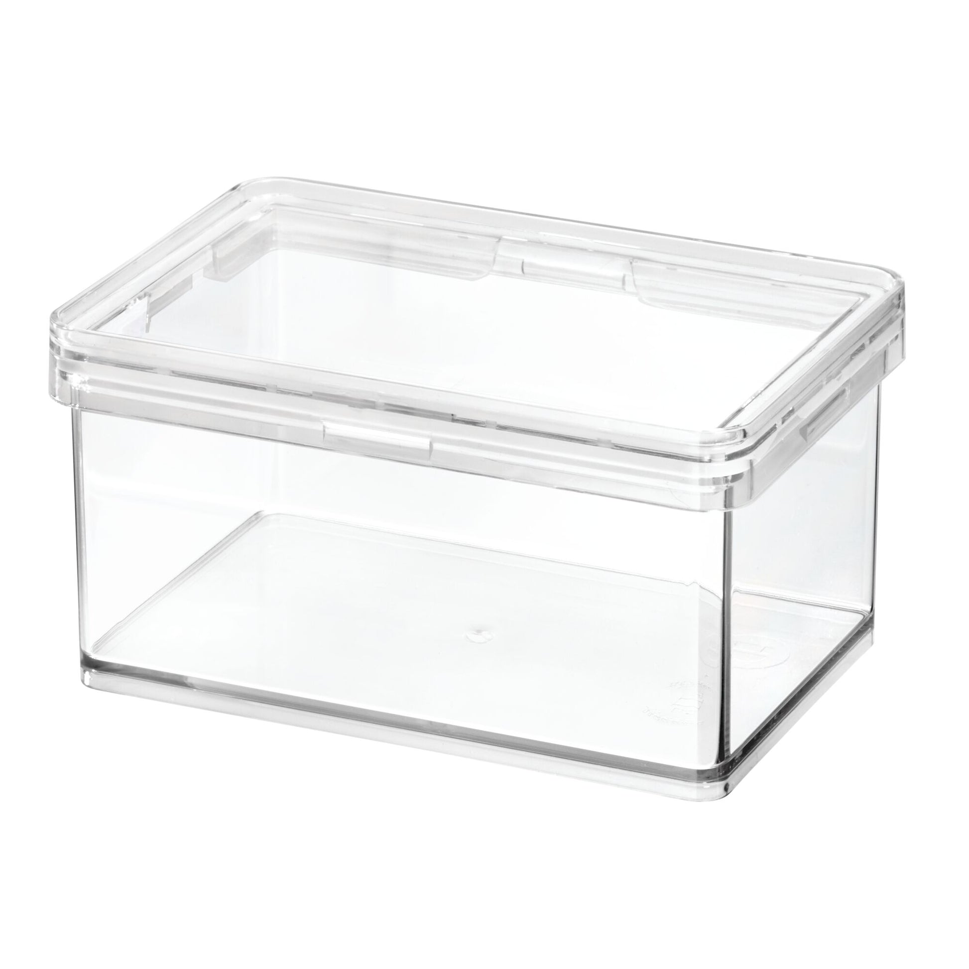 Clear plastic storage box with a lid on a white background