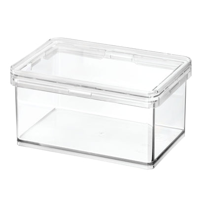 Clear plastic storage box with a lid on a white background