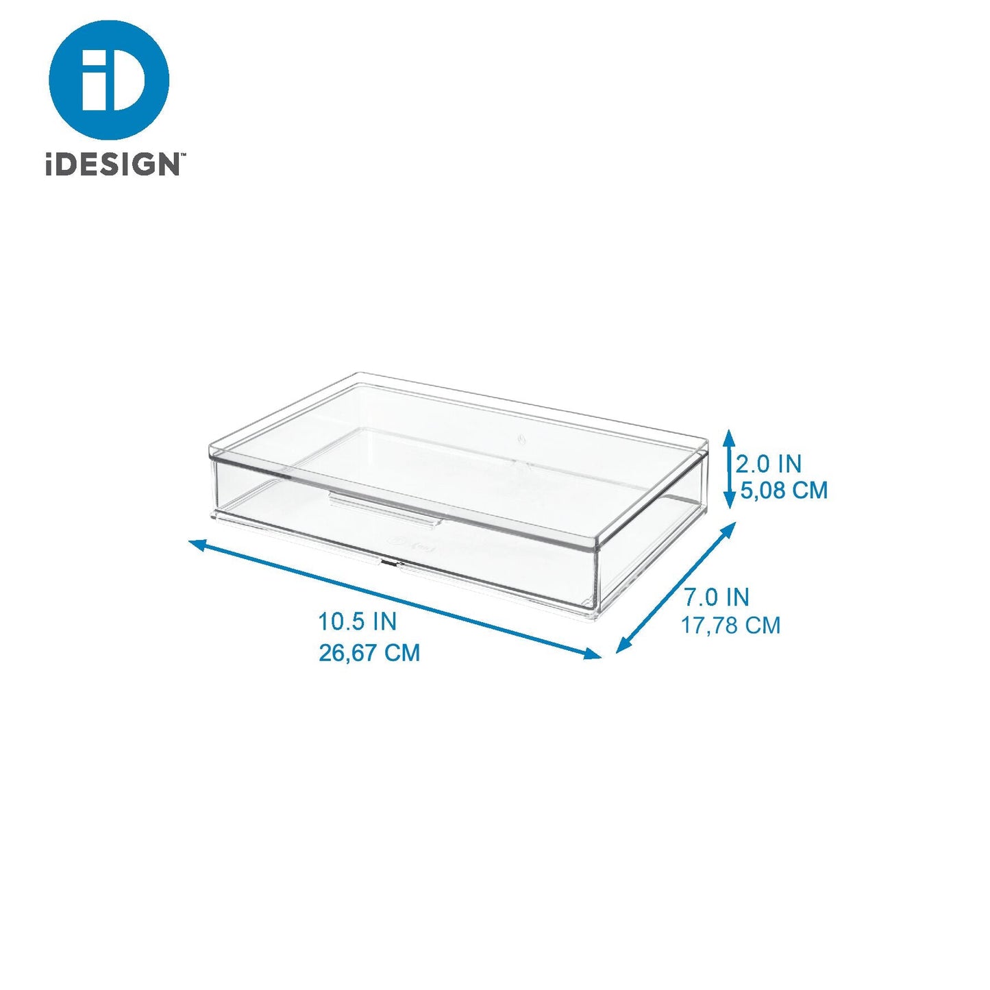 Clear plastic tray with dimensions labeled, featuring the iDesign logo.