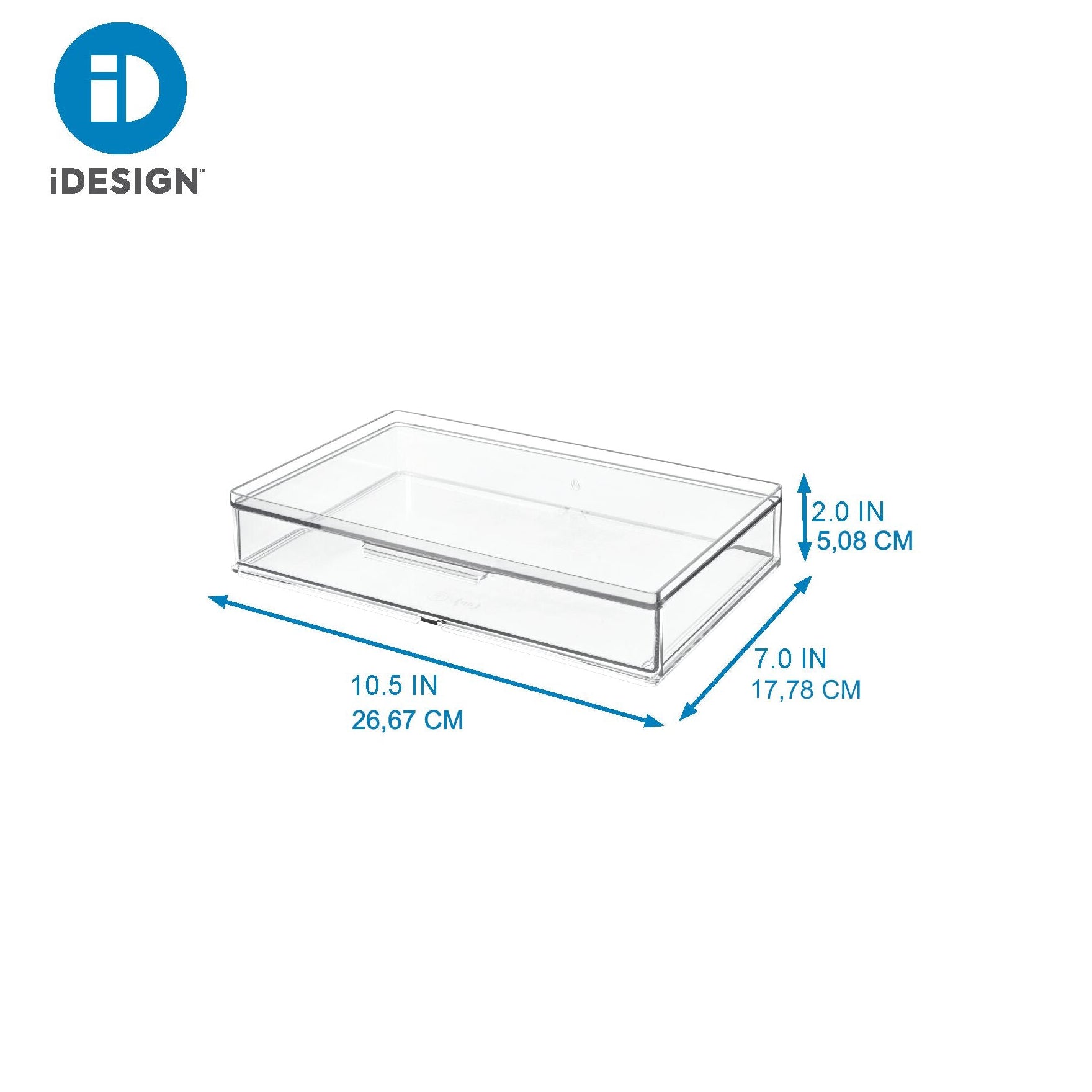 Clear plastic tray with dimensions labeled, featuring the iDesign logo.
