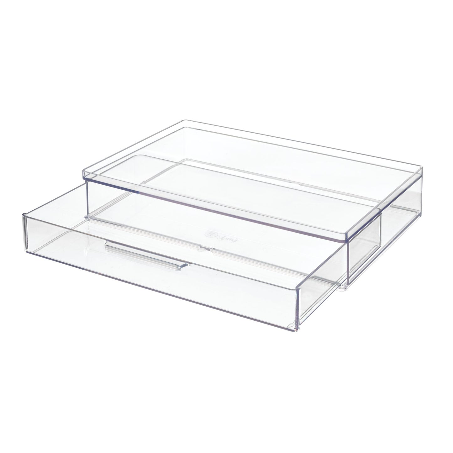 Clear plastic drawer organizer on a white background