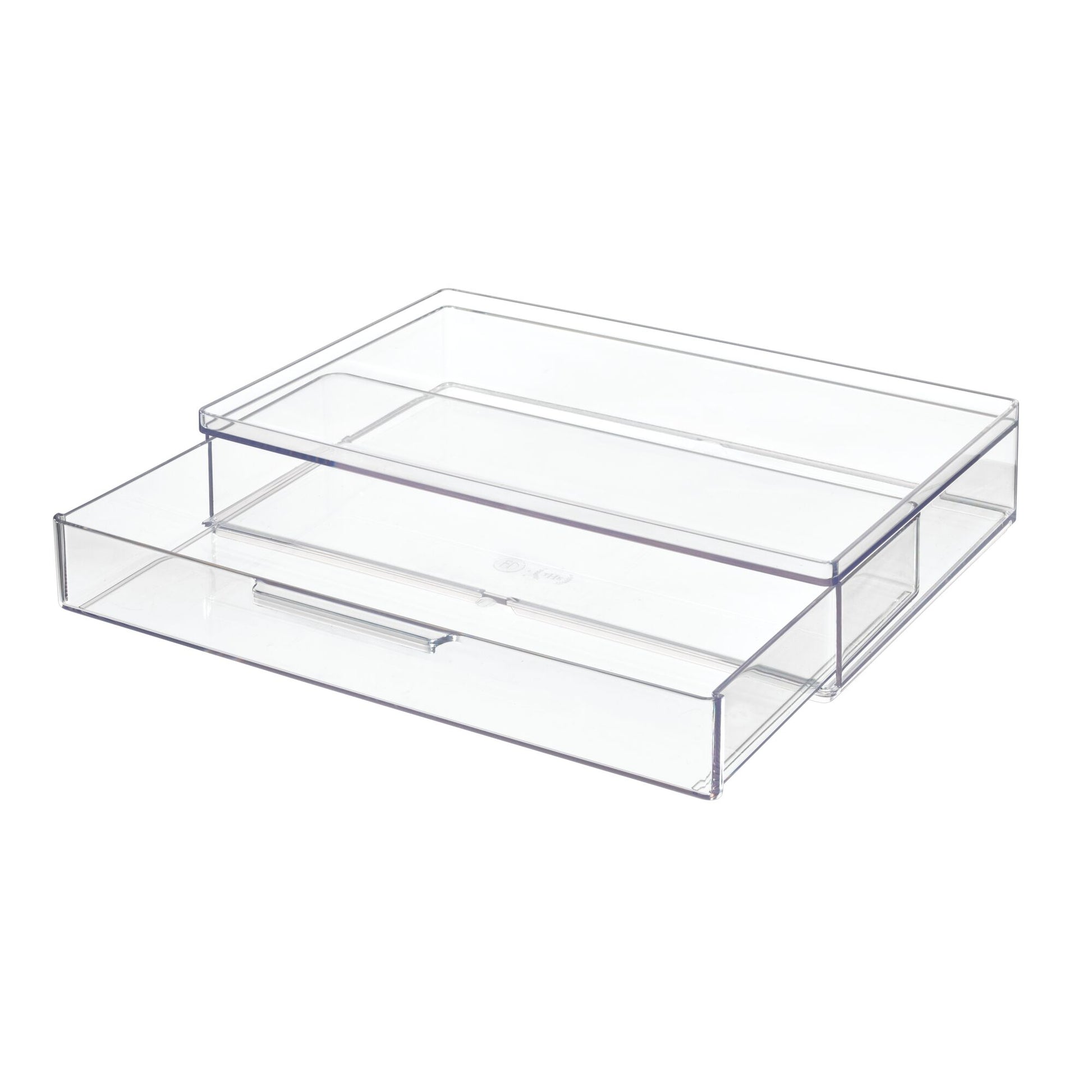 Clear plastic drawer organizer on a white background