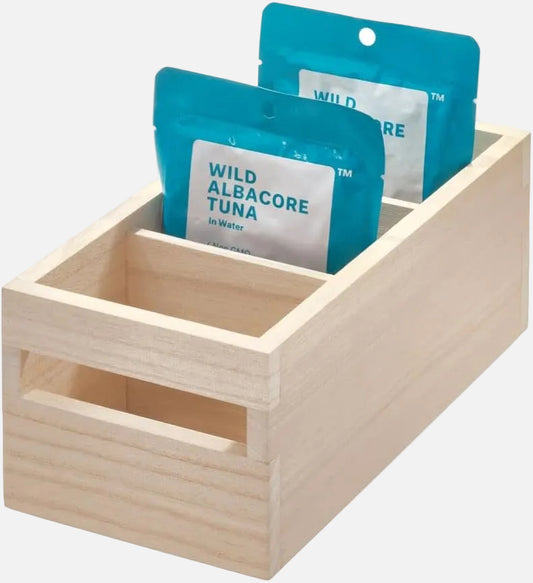 Wooden organizer with Wild Albacore Tuna packages inside