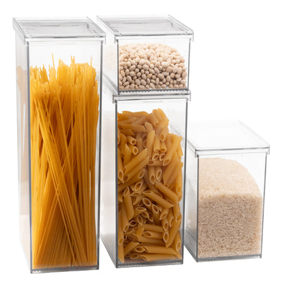 Stackable airtight food storage containers with pasta, cereals and dry ingredients