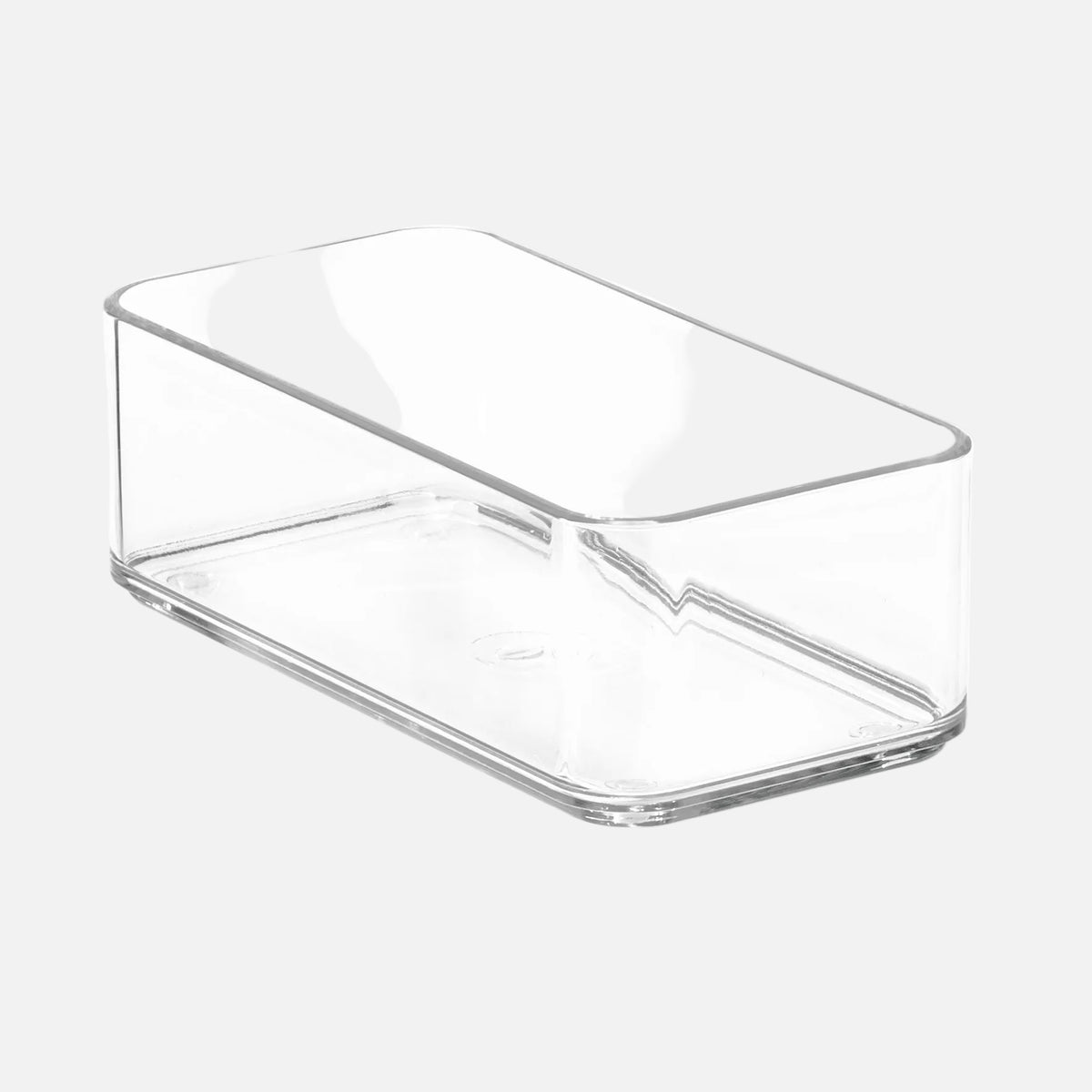 A clear rectangular plastic organizer box with rounded corners, shown on a plain white background.