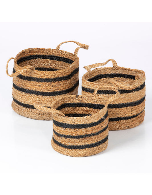 Hampton Set Of Three Stripe Round Baskets - Black