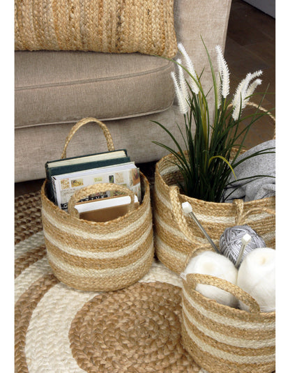 Hampton Set Of Three Stripe Round Baskets - White