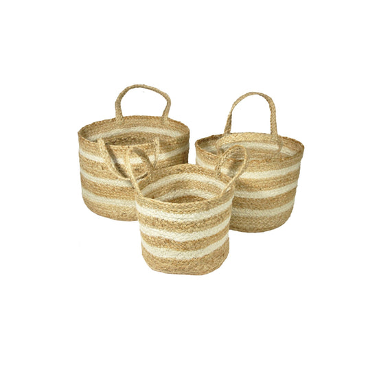 Hampton Set Of Three Stripe Round Baskets - White