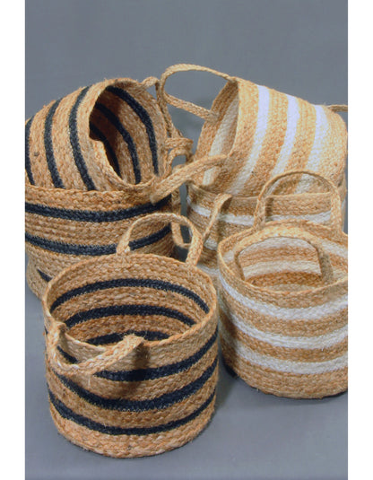 Hampton Set Of Three Stripe Round Baskets - White