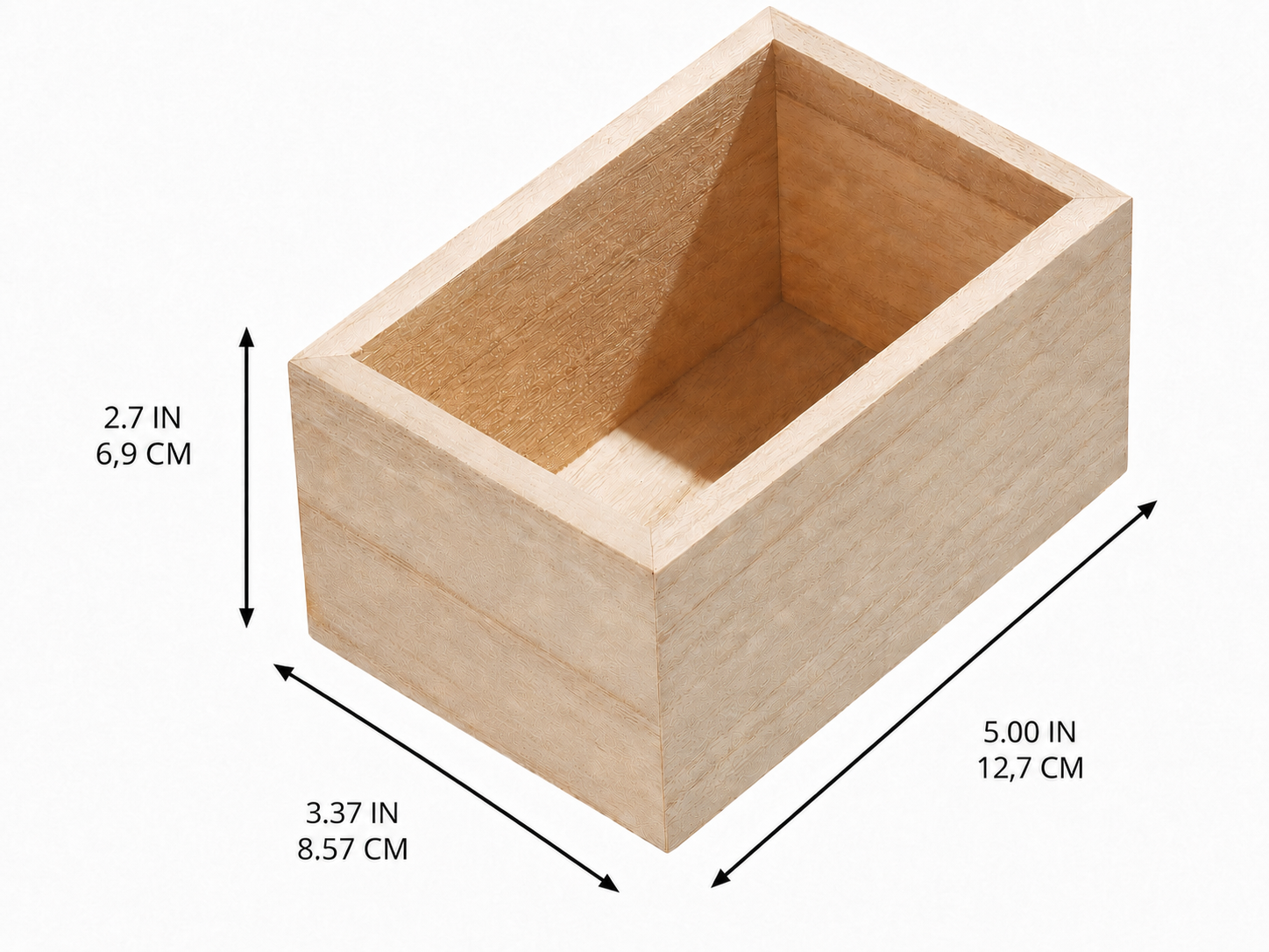 A light natural wood rectangular box with an open top, shown on a white background with dimension arrows and measurements labeled 2.7 IN / 6.