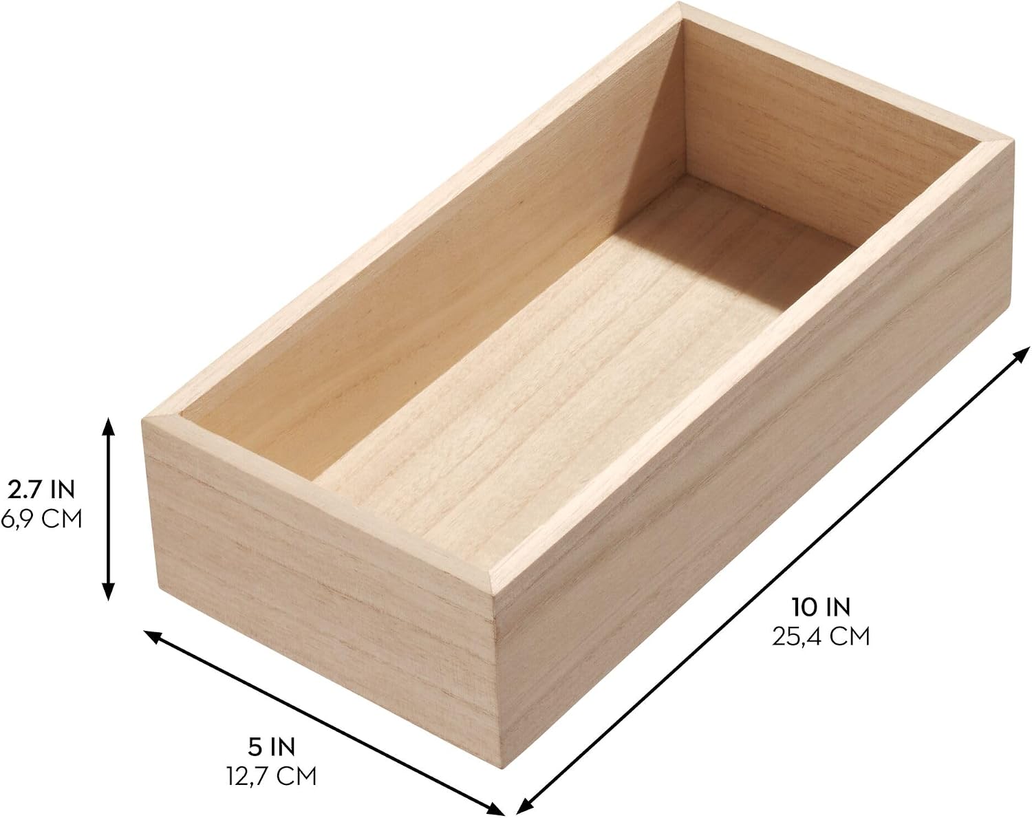 Wooden box with dimensions labeled on a white background