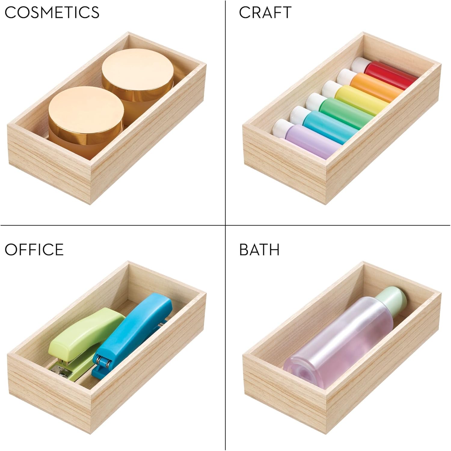 Four light wood rectangular organizer trays shown in a 2x2 grid, each labeled with a category: COSMETICS, CRAFT, OFFICE, and BATH. The trays contain different small items: two round gold cosmetic jars, several colorful craft sticks, a green and blue stapler, and a pink bottle.