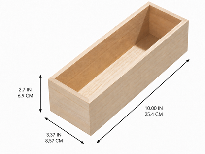 A light natural wood rectangular box shown on a white background with black dimension arrows and text indicating 10.00 IN / 25.