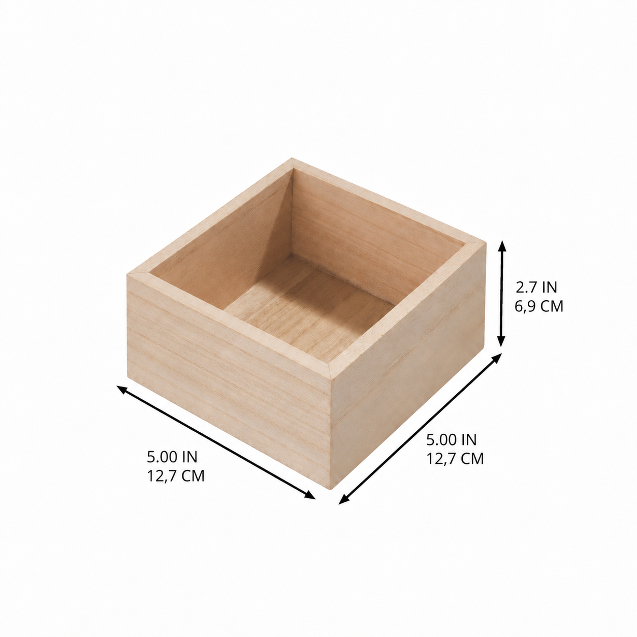 A small square wooden box with an open top, shown on a white background with dimension arrows and text indicating measurements of 5.00 inches (12.