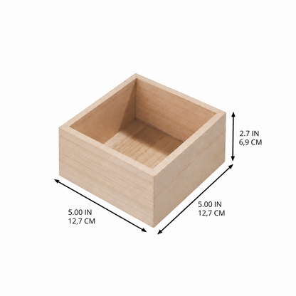 A small square wooden box with an open top, shown on a white background with dimension arrows and text indicating measurements of 5.00 inches (12.