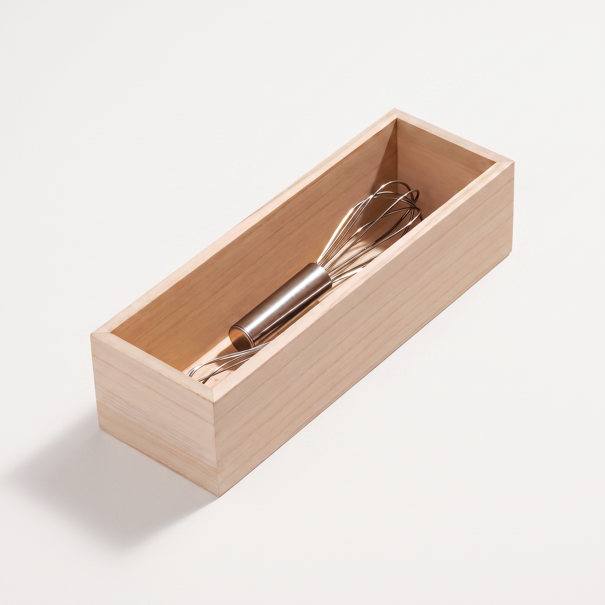 A stainless steel wire whisk with a brushed metal handle, resting inside a light natural wood rectangular box on a clean white background.