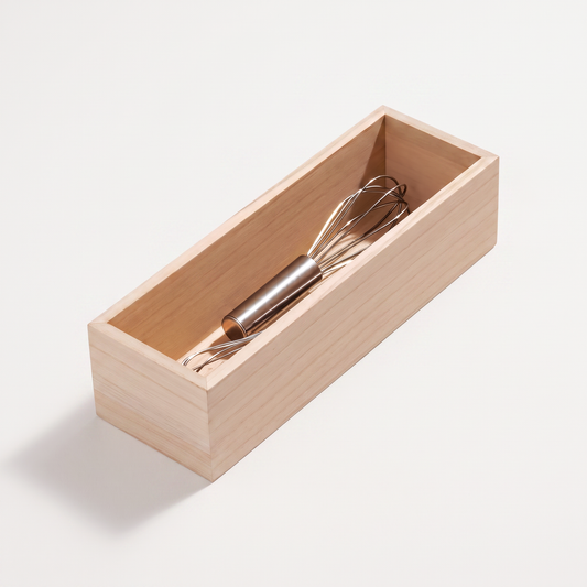 A stainless steel wire whisk with a brushed metal handle, resting inside a light natural wood rectangular box on a clean white background.